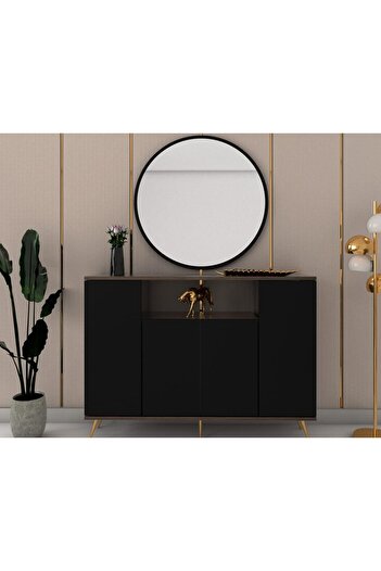 Stylish Home خزانة و طاولة مدخل اسود وبني مع مرآة - MD03