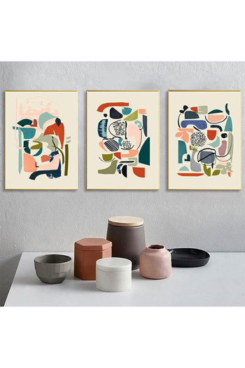 Linacci Triple Gold Metal Frame Colorful Abstract Poster Glass Painting Set