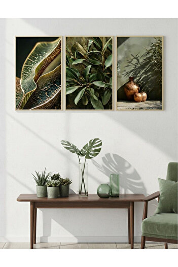 Linacci Triple Gold Metal Frame Green Test Leaf Poster Glass Painting Set