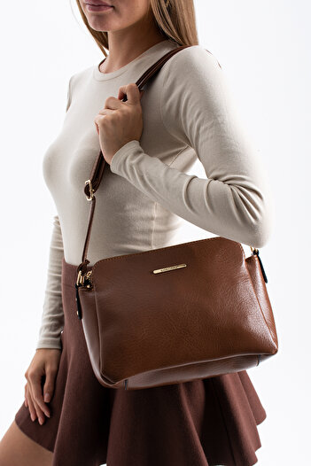 H&D COLLECTİON Women's Faux Leather Adjustable Crossbody Shoulder Bag with 3 Compartments and Gold Zipper