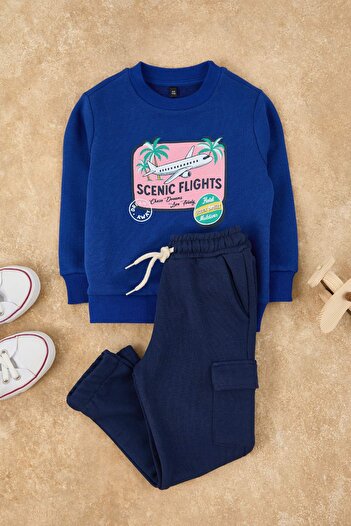 TRENDYOLKIDS Blue*004 Boy's Cotton Slogan Printed Regular Knitted Bottom - Top Set Tkdaw26Au00046