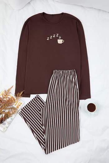 Trendyol Collection Brown Regular Cotton Long Sleeve Top Coffee Printed Bottom Striped Pajama Set Tmnaw26Pt00013