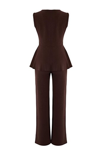 Trendyol Collection Καφέ Σελανίκι με κουμπιά που ανοίγουν στη μέση, φαρδύ πόδι/πλεκτό κάτω μέρος τύπου Palazzo - Σετ TWOAW26AU00092