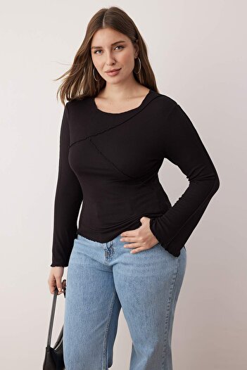 Trendyol Curve Black Viscose/Soft Fabric Ribbed Detail Spanish Sleeve Knitted Plus Size Blouse Tbbaw26Af00017