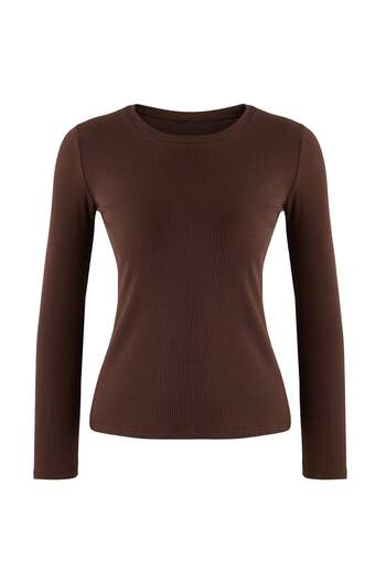 Trendyol Collection Brown Twill Stretchy Long Sleeve Crew Neck Knitted Blouse Twoaw26Bz00313