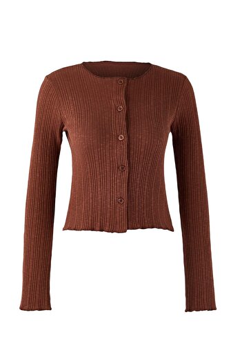 Trendyol Collection Brown Jacquard Fitted/Slim Fit Button Detail Stretch Knit Blouse Twoaw26Bz00046