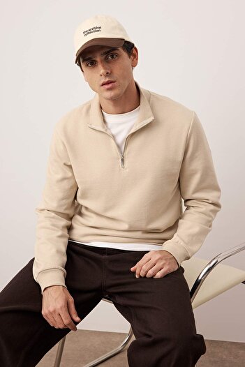 Trendyol Collection Кам'яний Regular/Normal Крій Прямий комір Товстий внутрішній фліс Світшот TMNAW26SW00021