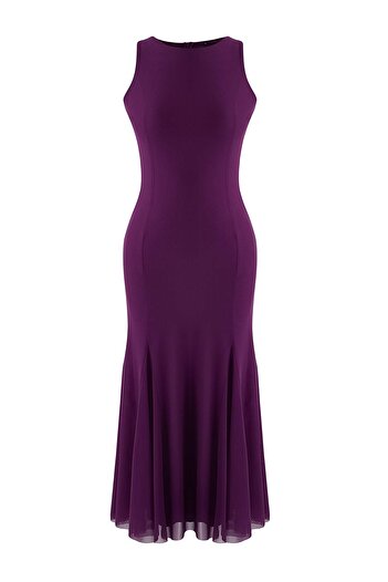 Trendyol Collection Plum Bodycon Lined Knitted Tulle Maxi Evening Dress Night Graduation Dress Tpraw26El00107