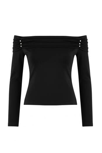 Trendyol Collection Black Accessory Detail Carmen Neckline Fitted/Bodycon Knitted Blouse Twoaw26Bz00285