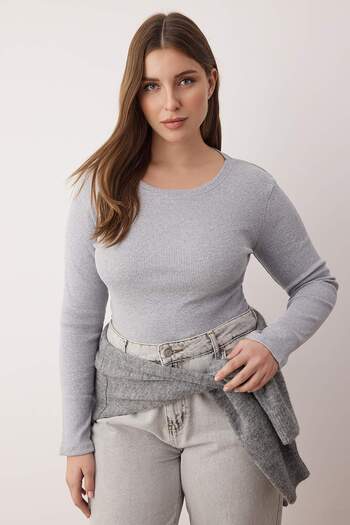 Trendyol Curve Anthracite-Grey 2-Pack Crop Camisole Knitted Plus Size Blouse Tbbaw26Af00055