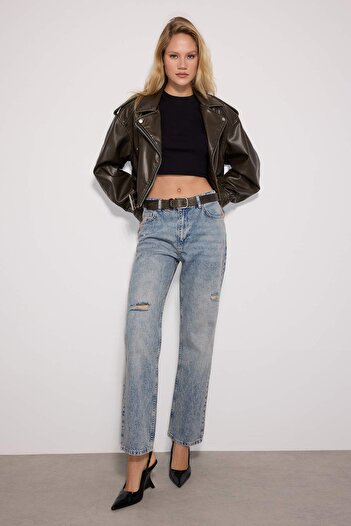 Trendyol Collection Blugi lungi drepti albaștri cu talie înaltă și aspect rupt TWOAW24JE00033