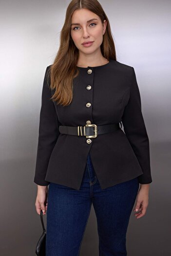 Trendyol Curve Black Gold Button Belt Woven Plus Size Jacket Tbbaw26Ag00030