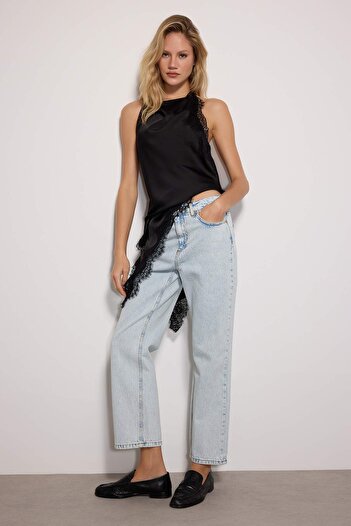 Trendyol Collection Blugi drepti albastru deschis cu talie înaltă TWOSS23JE00089