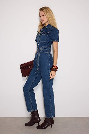 Trendyol Collection Salopetă din denim cu centură albastră TWOSS20TU0156