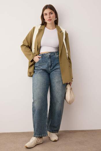 Trendyol Curve Blue High Waist Barrel Baggy Plus Size Jeans Tbbaw26Cj00043