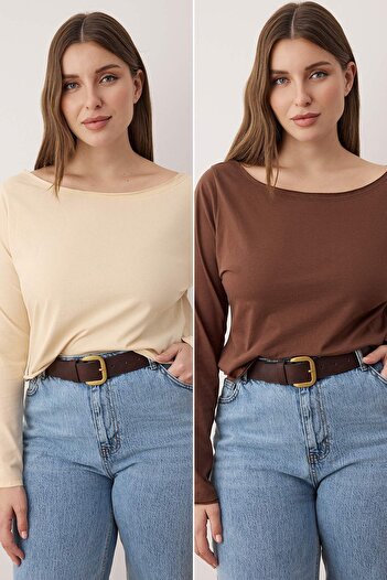 Trendyol Curve Brown-Beige 2-Pack 100% Cotton Asymmetric Boat Neck Crop Knitted T-Shirt Tbbaw26Bf00001
