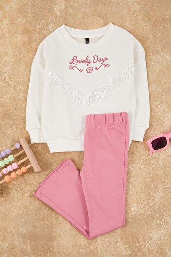 TRENDYOLKIDS Ecru*001 Girls' Cotton Slogan Printed Oversize Knitted Bottom - Top Set Tkdaw26Au00024