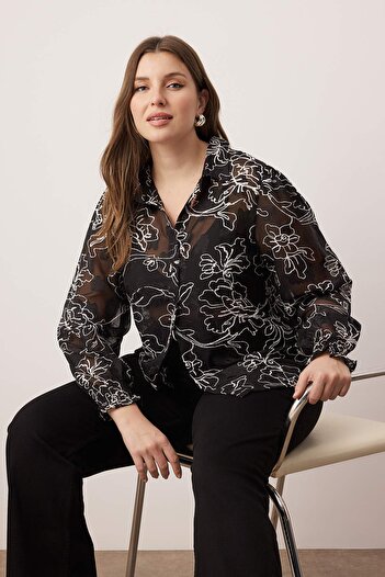 Trendyol Curve Plus Size Black-white Floral Print Gimped Sleeve Transparent Shirt Tbbaw25ax00012