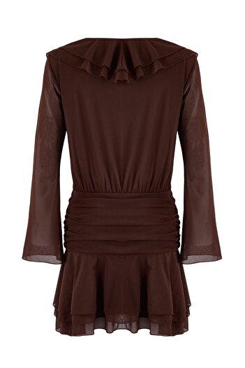 Trendyol Collection Brown Plain Flounced / Ruffled Extra Short / Super Mini Knitted Dress Twoaw26El00332