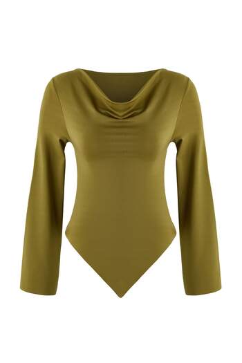 Trendyol Collection Oil Green Degaje Collar Asymmetric Fitted/Bodycon Knitted Blouse Twoaw26Bz00283