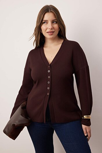 Trendyol Curve Brown V-Neck Mercerized Look Premium Yarn/Special Yarn Knitwear Cardigan Tbbaw26Av00036