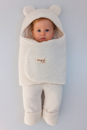 Tomuycuk 0-12 Months Fiber Plush Welsoft Eared Ecru Outer Baby Swaddle & Blanket Winter Sleeping Bag