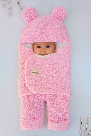 Tomuycuk 0-12 Ay Içi Elyaflı Peluş Welsoft Kulaklı Pembe Dış Bebek Kundak & Battaniyesi Kışlık Uyku Tulumu