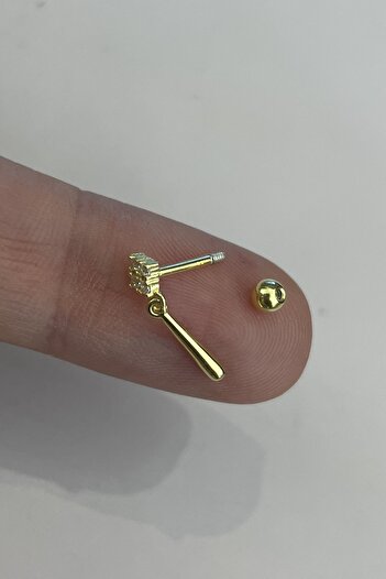 Siminkari 925 Ayar Gümüş Üzerine Mikron Altın Kaplama Gold Taşlı Çubuk Sallantılı Piercing Tragus Helix