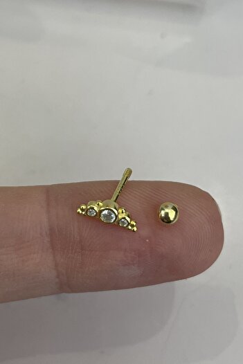 Siminkari 925 Ayar Gümüş Üzerine Mikron Altın Kaplama Üç Taşlı Minimal Gold Piercing Tragus Helix