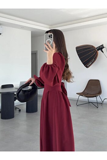 Afiş Butik Bordo Yanları Piliseli Uzun Kollu Elbise