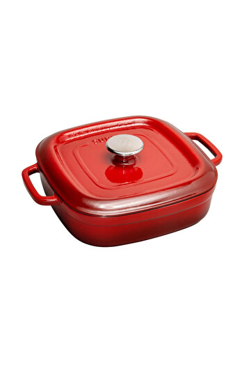 Sürel وعاء من الحديد الزهر الضحل مع غطاء مربع باللون الأحمر - 26x26