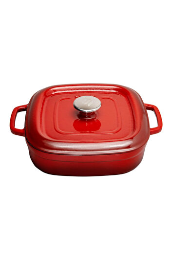 Sürel وعاء من الحديد الزهر الضحل مع غطاء مربع باللون الأحمر - 26x26