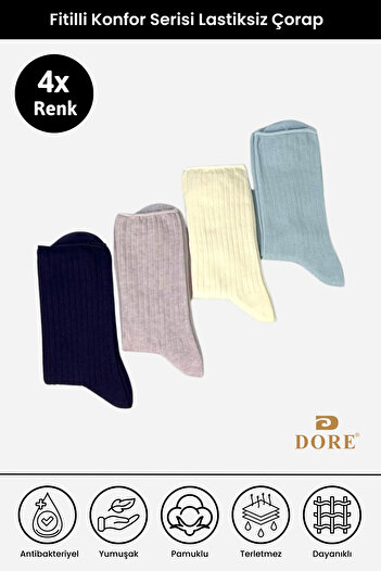 Dore Original Women's 4 Pairs Premium Cotton Corded Casual Comfort Model Diabetic Elasticless Socket Socks