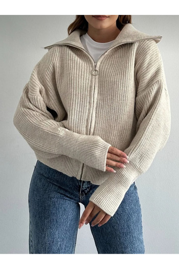 Gloksinya Butik Women's Cream Turn-Down Collar Zippered Cardigan