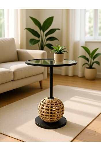 Living Round Glass Side Table with Woven Rope Ball Base – 35×55 cm