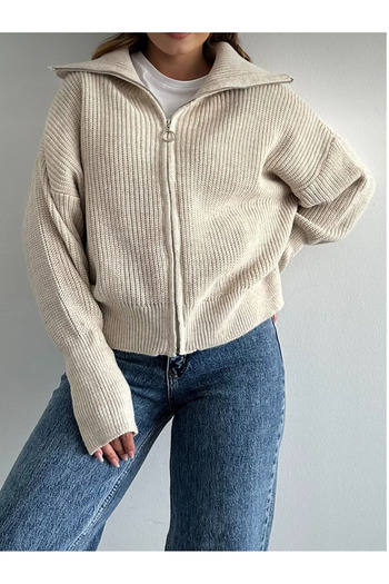 Gloksinya Butik Women's Cream Turn-Down Collar Zippered Cardigan