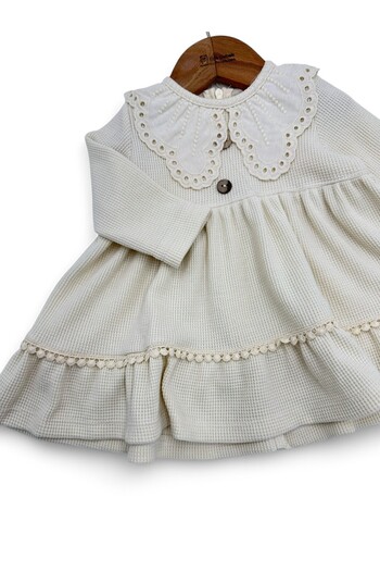 VEGAMOD KIZ BEBEK BRODE YAKALI WAFFLE KUMAŞ 6-9-12-18-24 AY ELBİSE