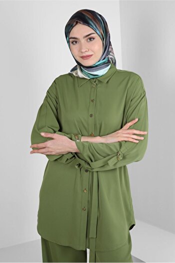 Alvina TIE DETAILED SHIRT COLLAR PANTS SUIT 43684