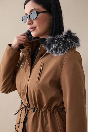 InStyle Zipper Detail Furry Coat - Brown