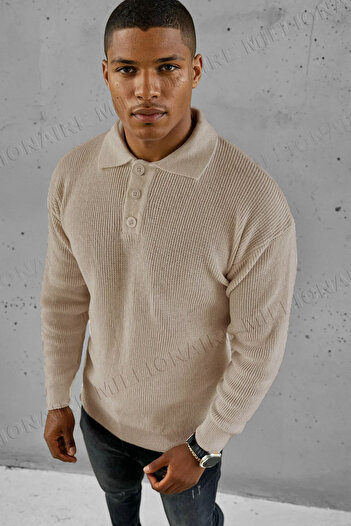Millionaire Men's Stone Polo Collar Buttoned Collar Winter Knitwear Sweater
