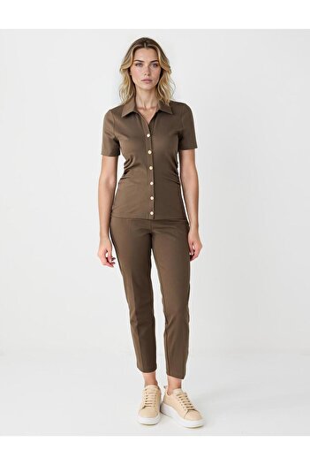 Jimmy Key Bronze Khaki High Waist Regular Leg Canvas Woven Trousers