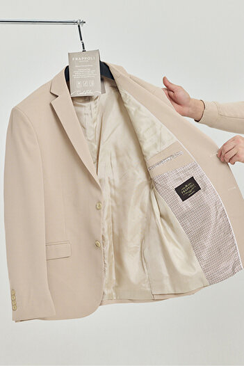 Frappoli Baselnaa Ανδρικό Μπεζ Battal Plus Size Slim Fit Μπουφάν Basic Blazer με επένδυση με κουμπιά