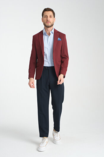 Frappoli Baselnaa Men's Dark Burgundy Oversize Large Size Slim Fit Lined Buttoned Basic Blazer Jacket