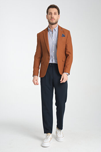 Frappoli Allegrie Men's Mustard Oversize Oversize Mono Collar Patterned Slim Fit Blazer Jacket