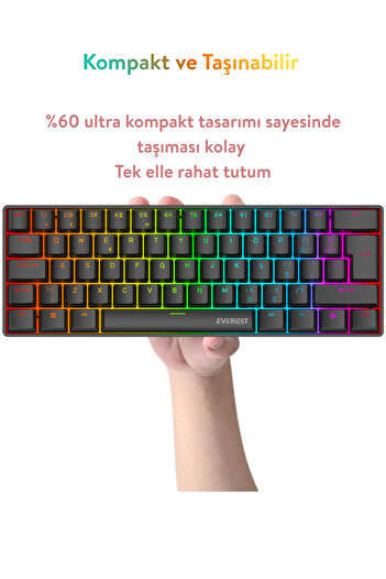Everest Amber Type-C Bağlantılı RGB Ledli Mekanik Gaming Oyuncu Klavye Q Red Switch
