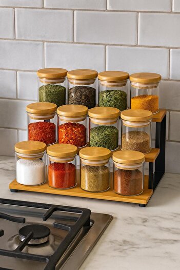 Noah Exclusive 300 Cc Borosilicate 12-Piece Set with Stand-Bamboo Lid Lux Spice Jar Set-Borosilicate Glass-Storeage Container