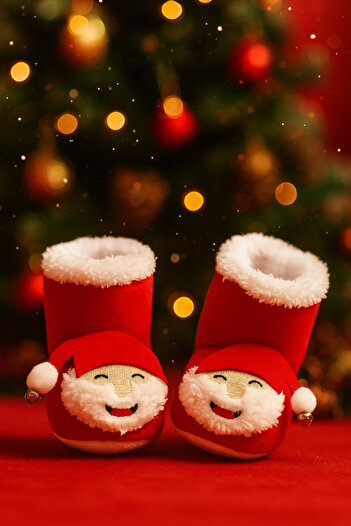 Puppis Baby Noel Baba Yılbaşı Konseptli Kaymaz Taban Çıngıraklı Kırmızı Bebek Panduf