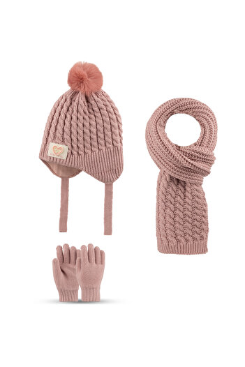 Aware Time Kitti 4-8 Years Old Girl's Accessories Set with Fleece Inside Scarf Beanie Gloves 3-Piece Set