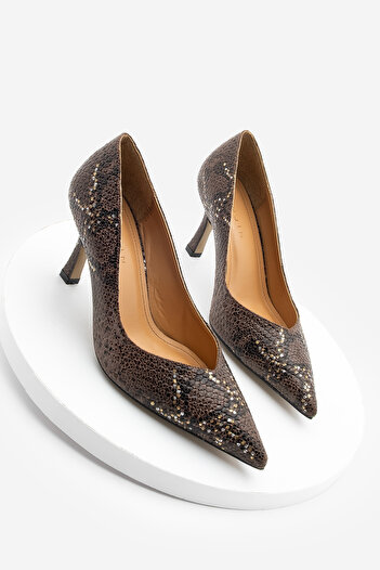 Marjin Women's Stiletto Pointed Toe Snake Pattern Heeled Shoes Tosey Brown Snake