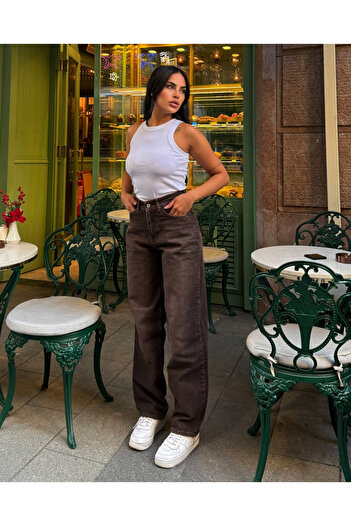 deqfashion Kadın Kahverengi Yüksek Bel Toka Detaylı Baggy Jean Pantolon
